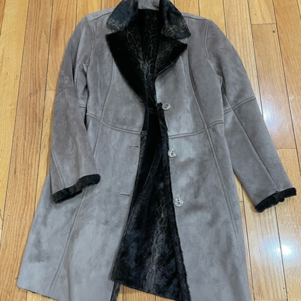 Utex Gray and Black Trench Coat with Faux Fur Lining